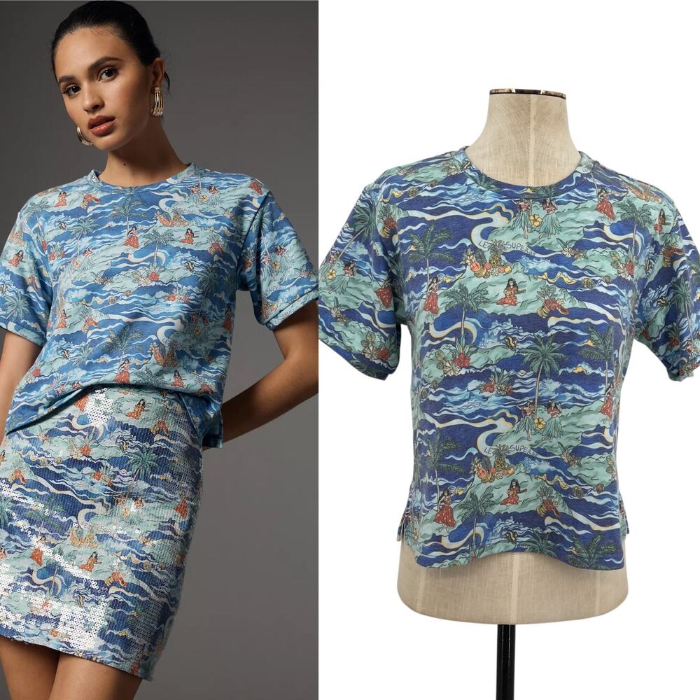 Le Superbe Fringed Tee Shirt Short Sleeve Hawaiian Print Blue Size Small